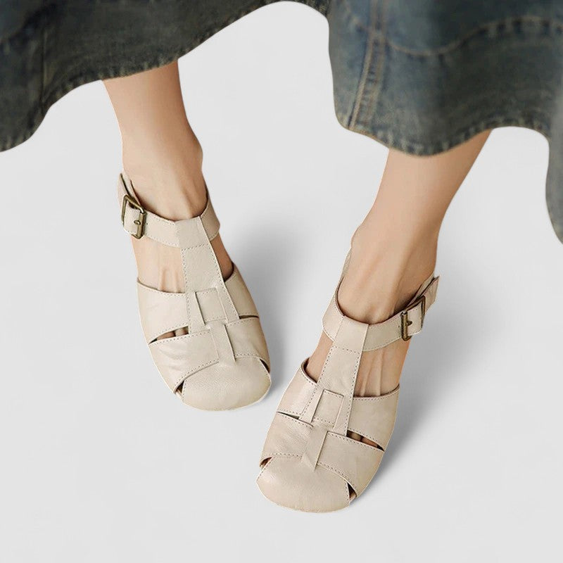 Momount Donna Sandali in Pelle – Punta Chiusa Fibbia Tacco Basso Vintage