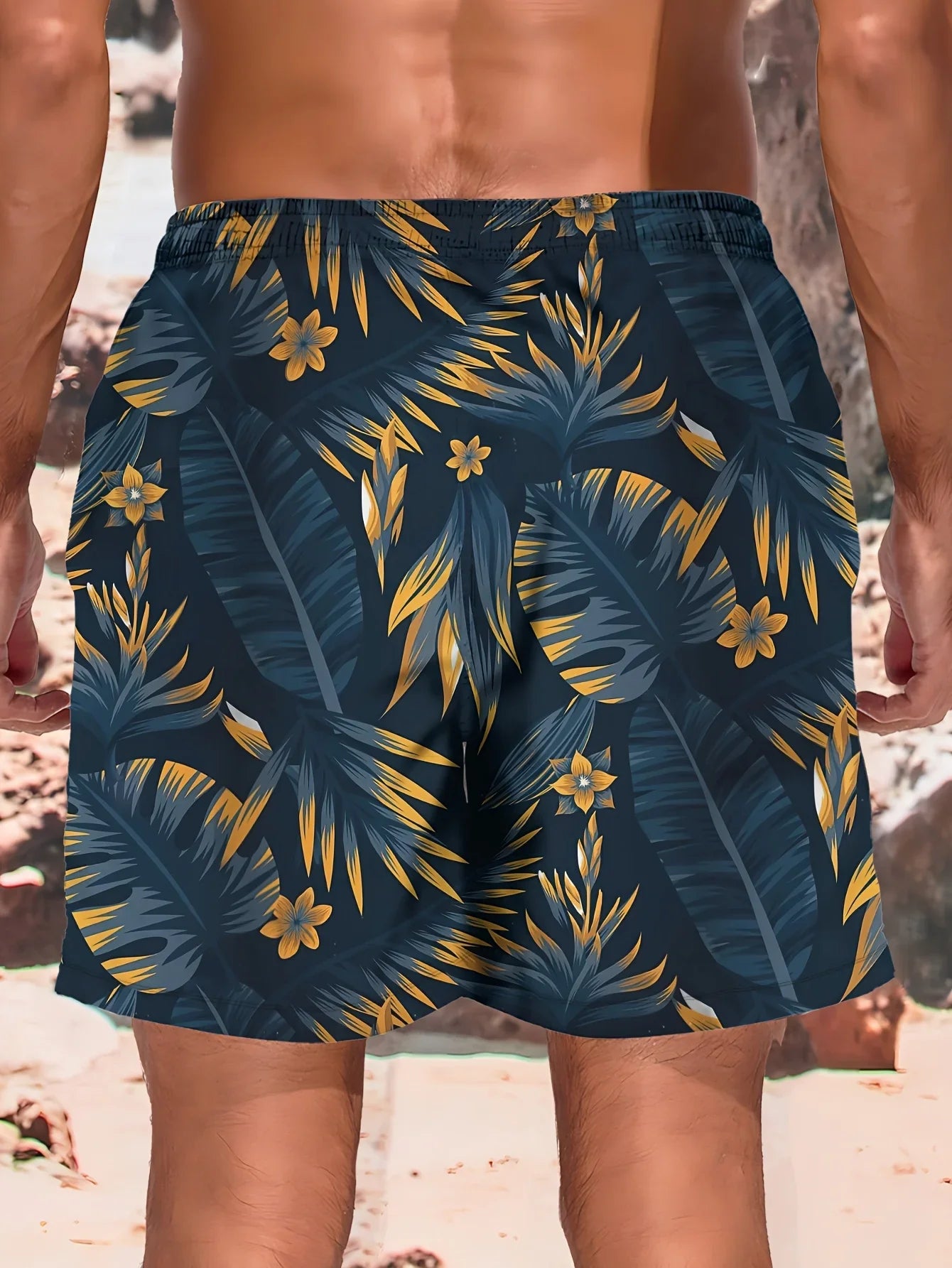 Momount Men Swim Shorts – Tropical Leaf Print Drawstring Knee Length