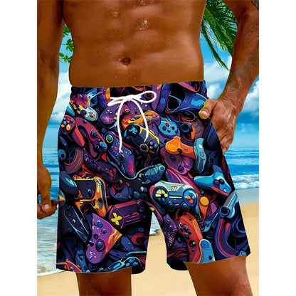 Momount Men Swim Shorts – Gaming Controller Print Drawstring Mid Length