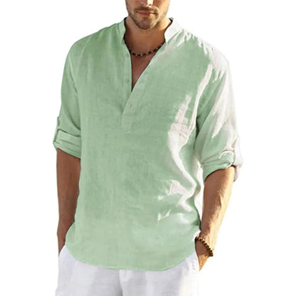 Momount Uomo Camicia Henley di Lino – Manica Lunga Collo alla Coreana Casual