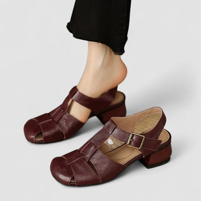 Momount Donna Sandali in Pelle – Punta Chiusa Fibbia Tacco Basso Vintage