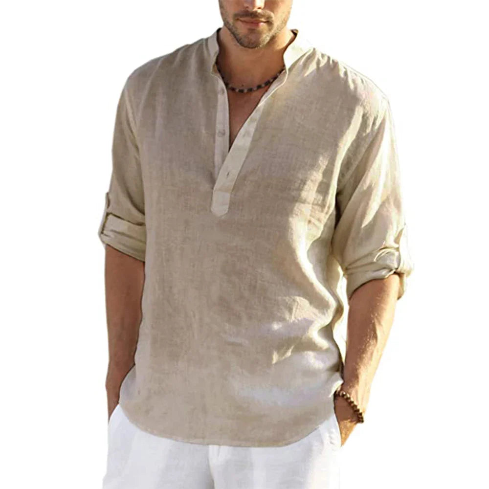 Momount Uomo Camicia Henley di Lino – Manica Lunga Collo alla Coreana Casual