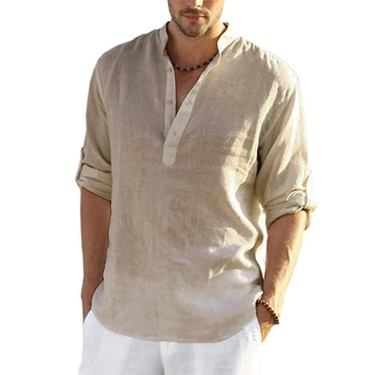 Momount Uomo Camicia Henley di Lino – Manica Lunga Collo alla Coreana Casual