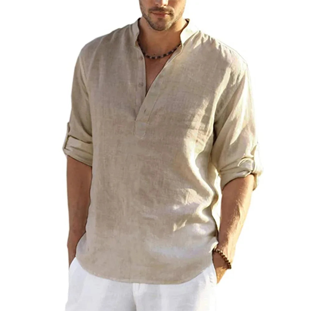 Momount Uomo Camicia Henley di Lino – Manica Lunga Collo alla Coreana Casual