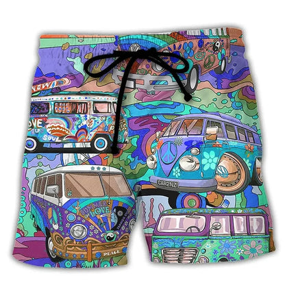 Momount Men Swim Shorts – Hippie Van Graphic Print Drawstring Summer