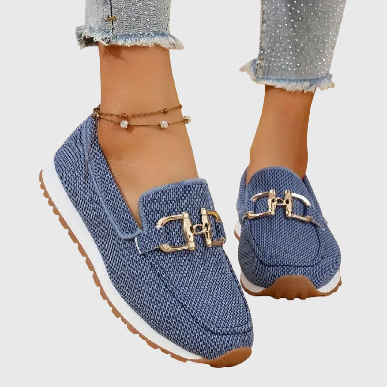 Momount Damen Strick-Loafer – Netz Gold Trense Plateau Slip-On Komfort