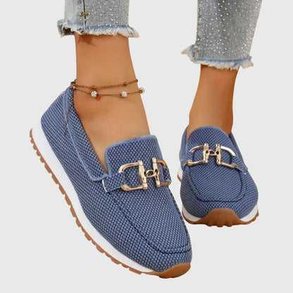 Momount Damen Strick-Loafer – Netz Gold Trense Plateau Slip-On Komfort