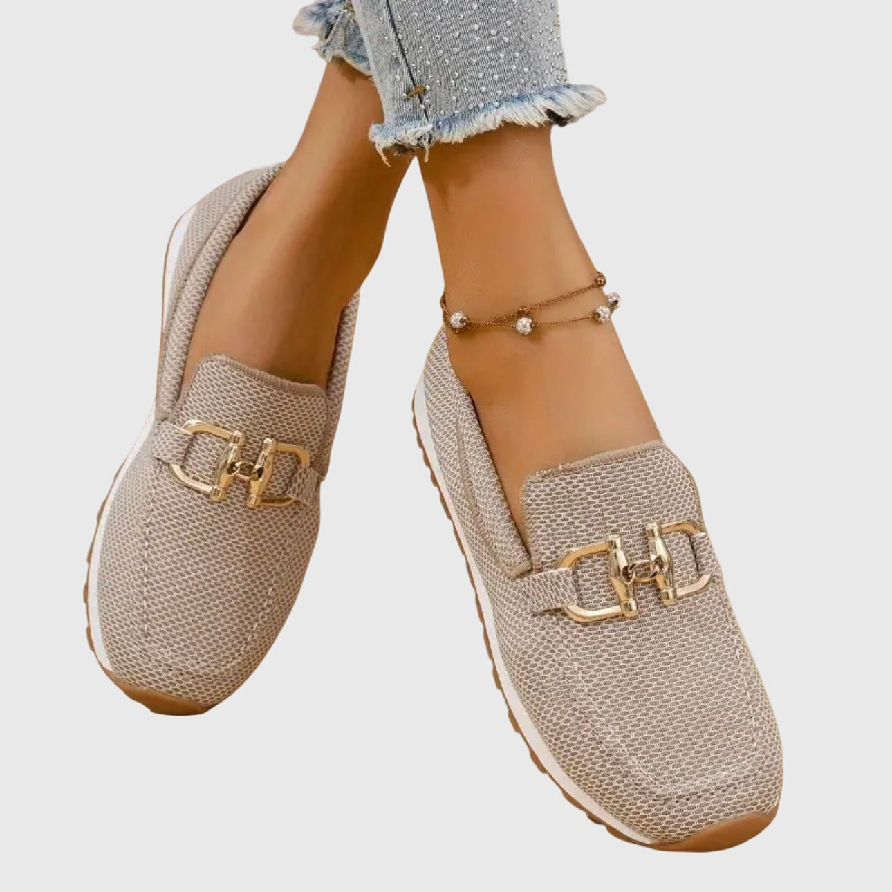 Momount Damen Strick-Loafer – Netz Gold Trense Plateau Slip-On Komfort