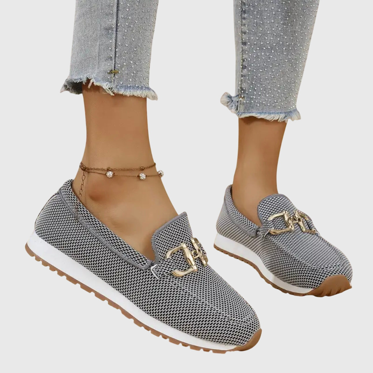 Momount Damen Strick-Loafer – Netz Gold Trense Plateau Slip-On Komfort
