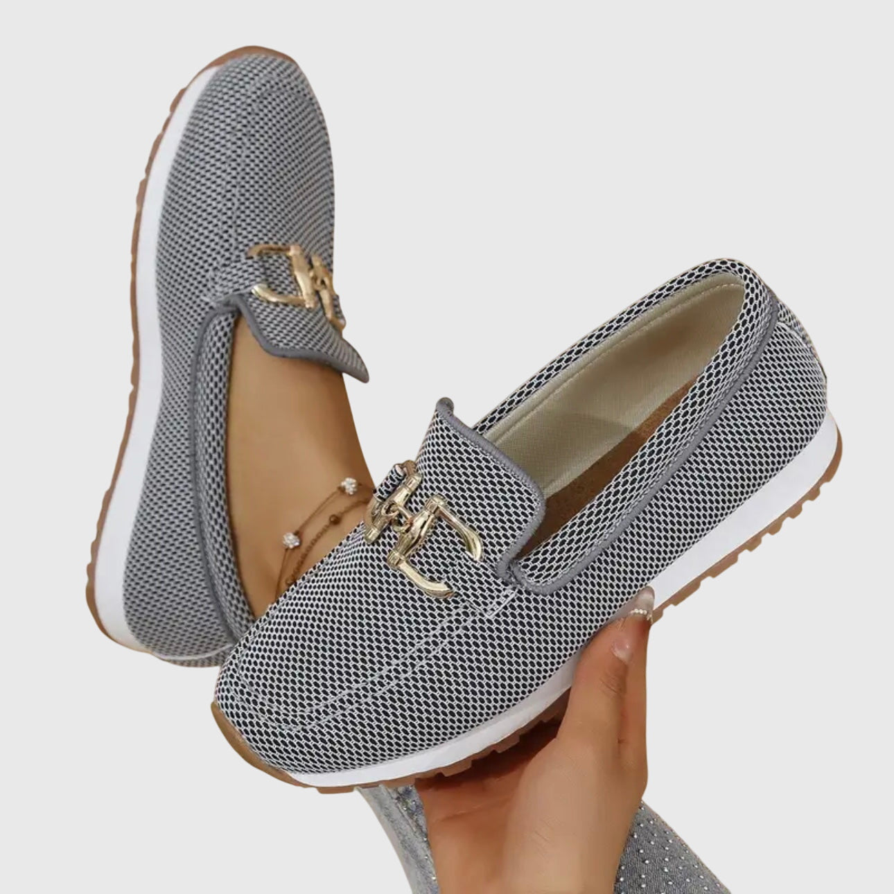 Momount Damen Strick-Loafer – Netz Gold Trense Plateau Slip-On Komfort