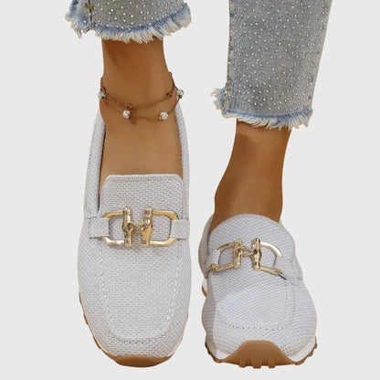 Momount Damen Strick-Loafer – Netz Gold Trense Plateau Slip-On Komfort