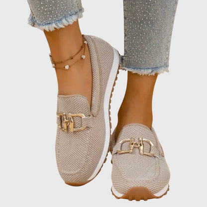Momount Damen Strick-Loafer – Netz Gold Trense Plateau Slip-On Komfort