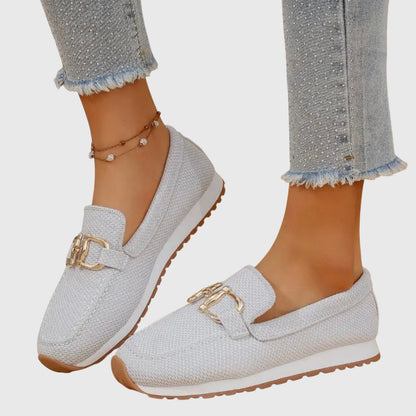 Momount Damen Strick-Loafer – Netz Gold Trense Plateau Slip-On Komfort