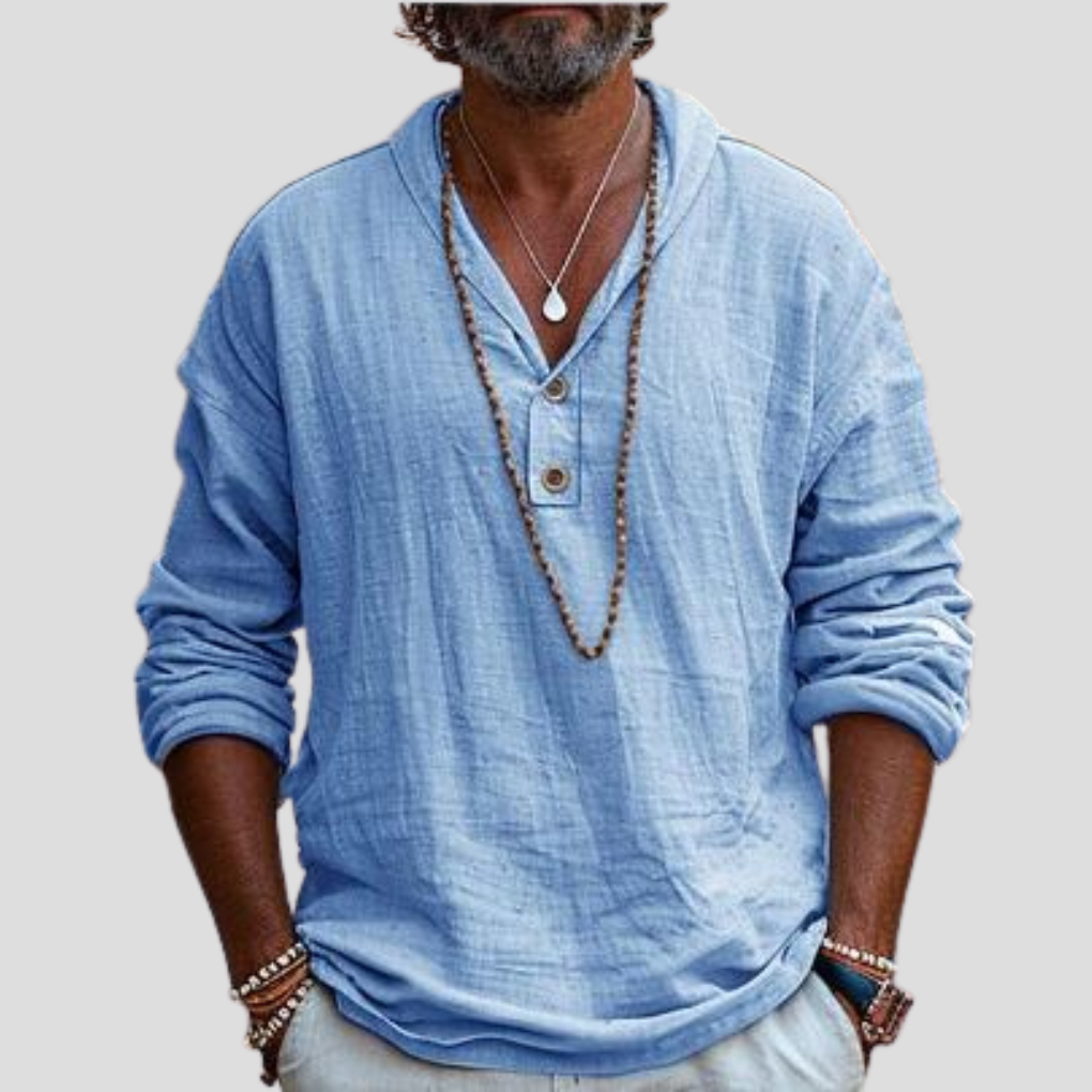 Momount Uomo Camicia Henley di Lino – Manica Lunga Collo alla Coreana Raffinata Casual