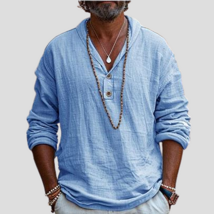 Momount Uomo Camicia Henley di Lino – Manica Lunga Collo alla Coreana Raffinata Casual