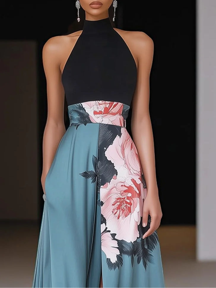 Evangelista | Elegant Floral Halter High Slit Summer Maxi Dress