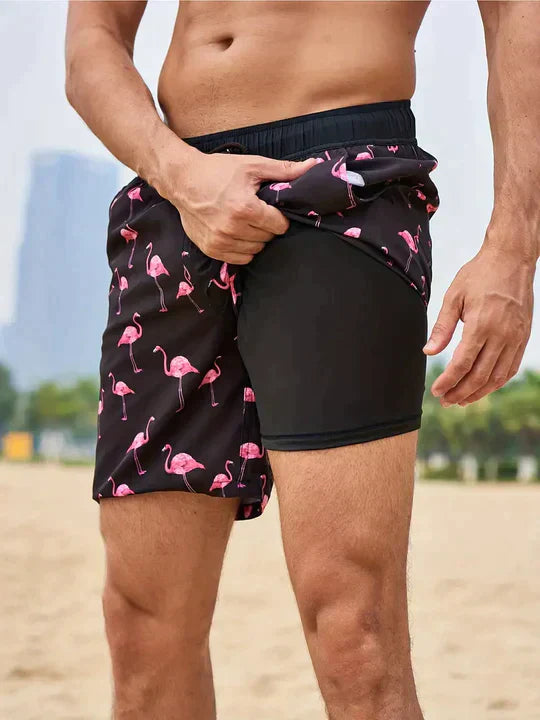 Momount Men Swim Shorts – Palm Print Compression Liner Quick Dry Mid