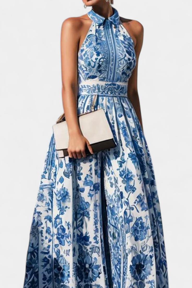 Momount Women’s Floral Maxi Dress – Halter Neck Sleeveless Elegant
