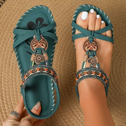 Momount slingback-sandaler dame – petroleumsblå boho med perler, rhinsten og flad sål
