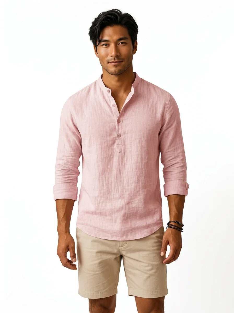 Momount Men Linen Henley Shirt – Long Sleeve Band Collar Breathable Casual - Pink - front