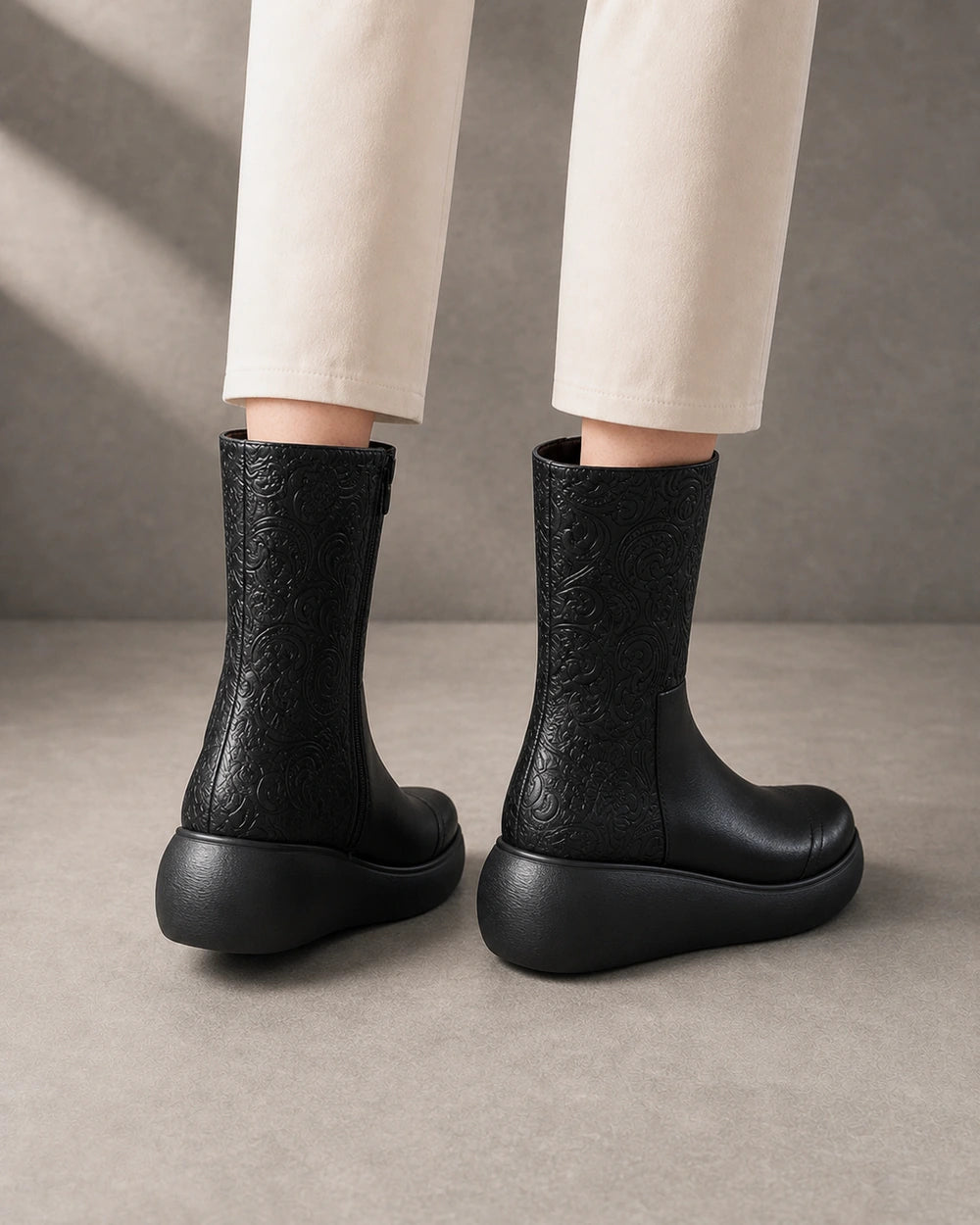 Vintage Embossed Platform Ankle Boots, black rear/top. — beverly-black-04-rear-top.webp