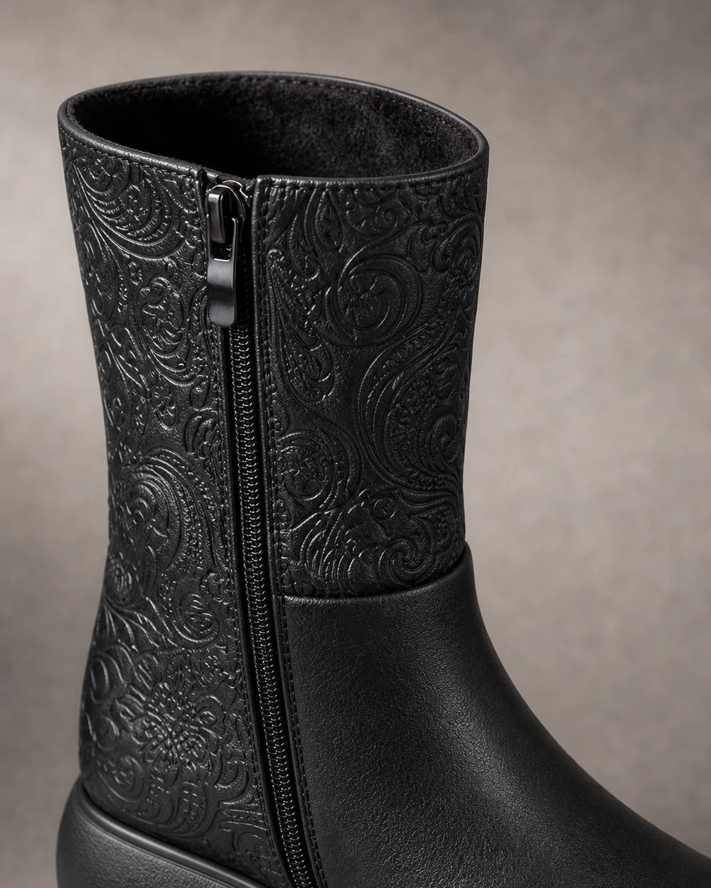 Vintage Embossed Platform Ankle Boots, black detail. — beverly-black-05-construction-detail.webp