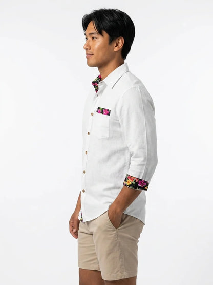Momount Men Linen Shirt – Long Sleeve Floral Contrast Trim Hawaiian Casual - White - side