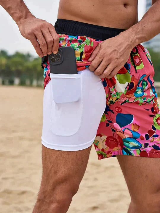 Momount Men Swim Shorts – Palm Print Drawstring Mesh Liner Quick Dry