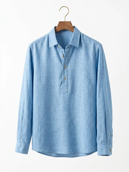 Momount Men Linen Shirt – Long Sleeve Popover Button Placket Casual - Sky Blue - hanger