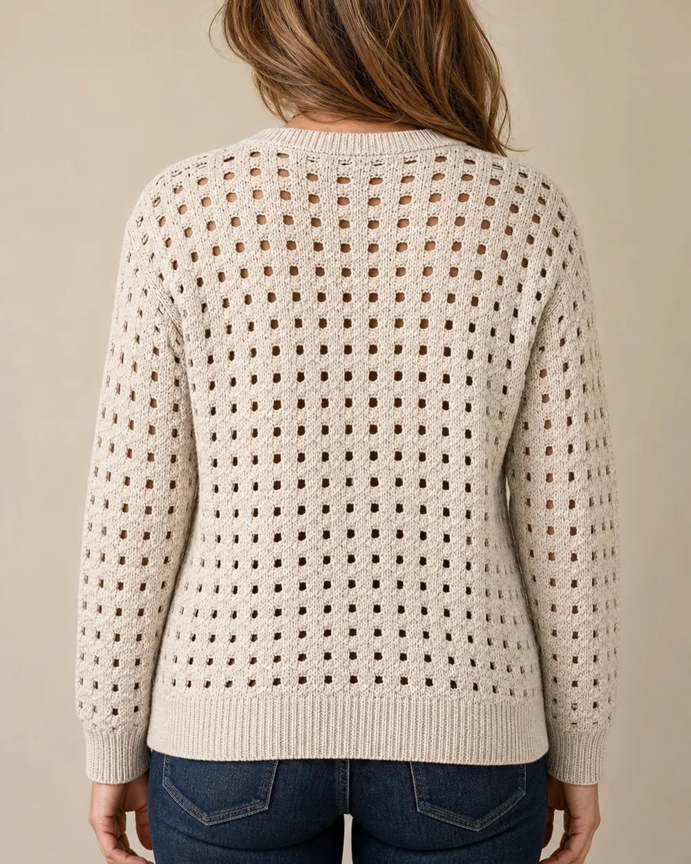 Desiree openwork zip cardigan for women, beige true back view