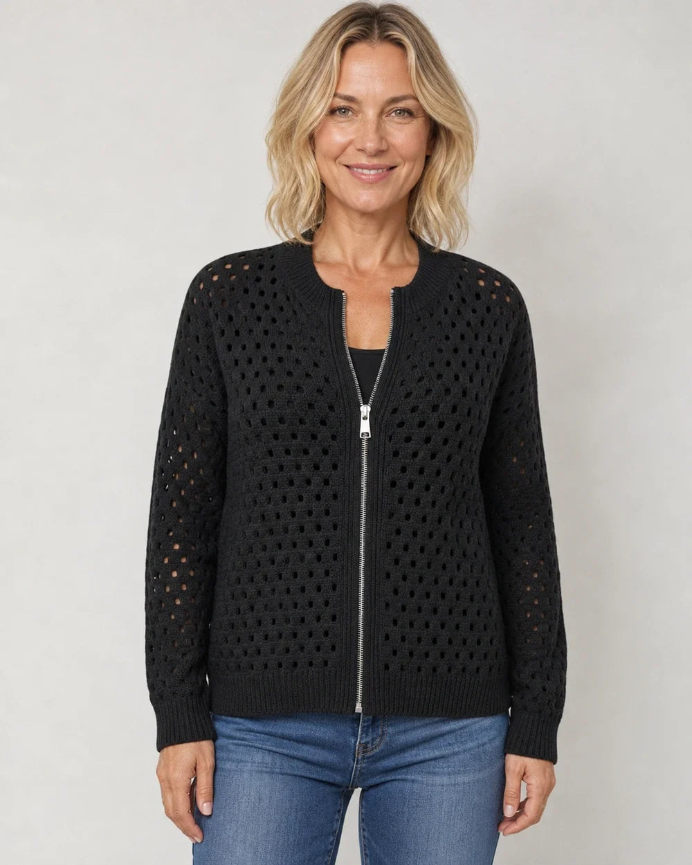 Desiree openwork zip cardigan for women, black colourway