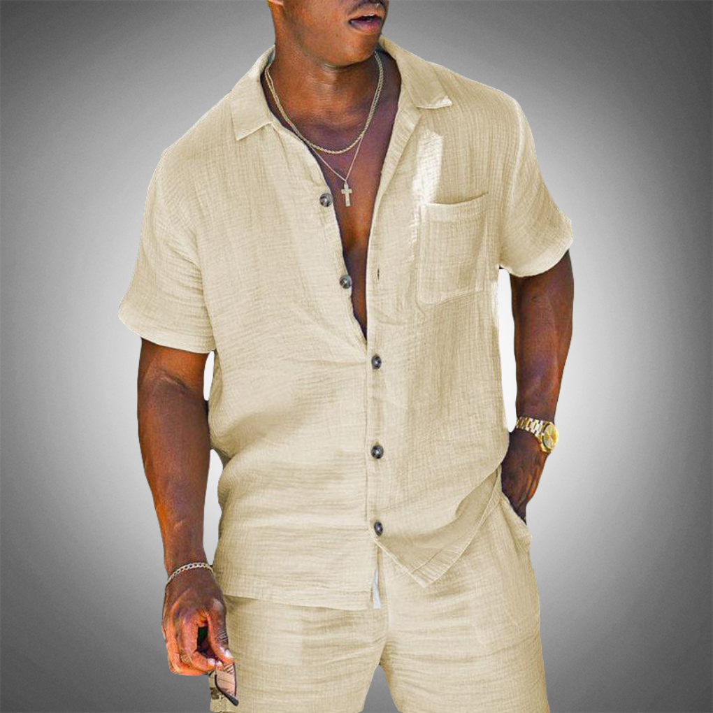 Momount Uomo Camicia di Lino – Manica Corta Abbottonata Casual Estiva