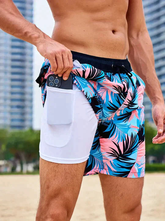 Momount Men Swim Shorts – Palm Print Drawstring Mesh Liner Quick Dry