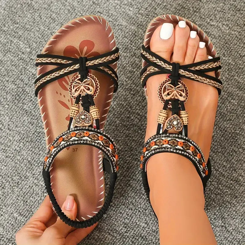 Momount slingback-sandaler dame – petroleumsblå boho med perler, rhinsten og flad sål