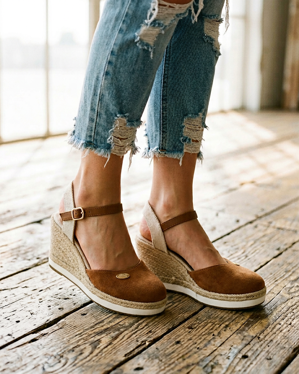 Momount Women Espadrille Sandals – Closed-Toe Leather Slingback Platform - Brown lifestyle