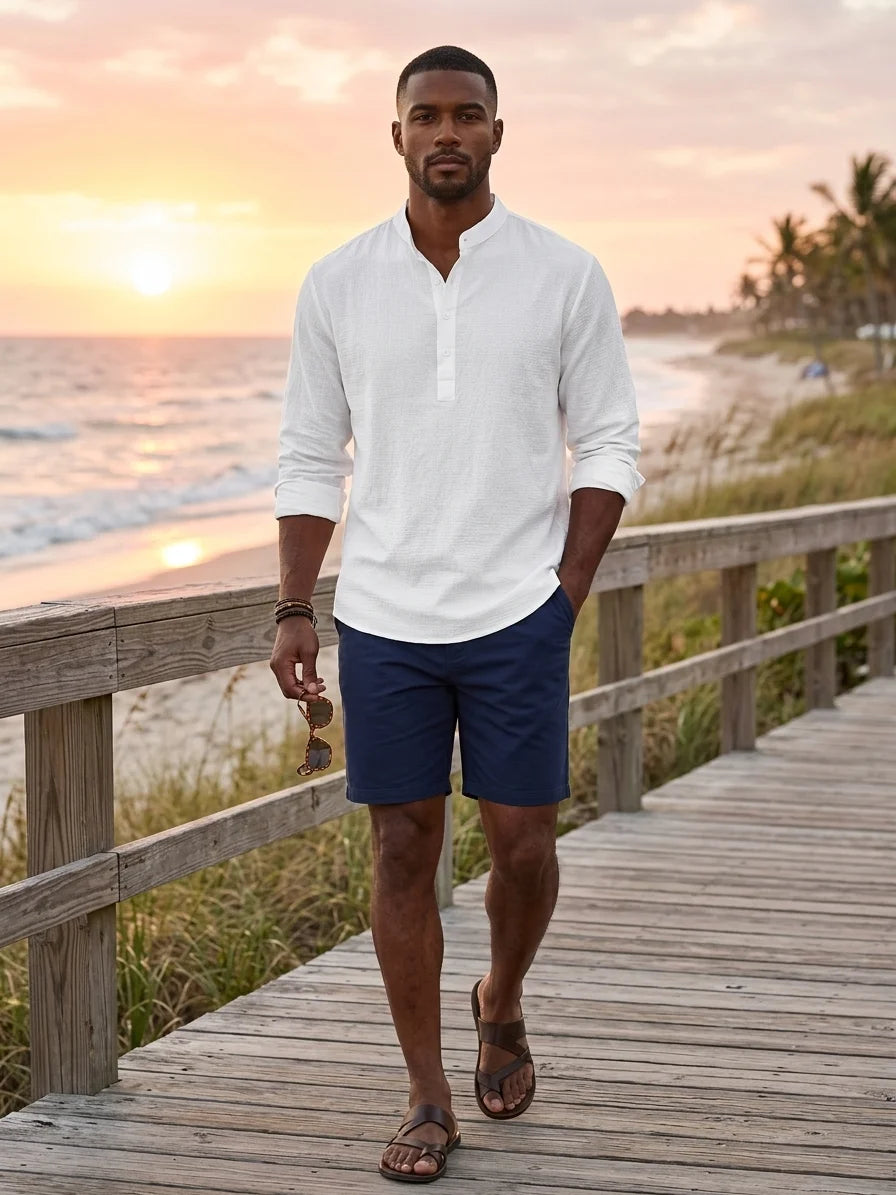 Momount Men Waffle Linen Shirt – Long Sleeve Band Collar Chest Pocket - White - lifestyle_beach