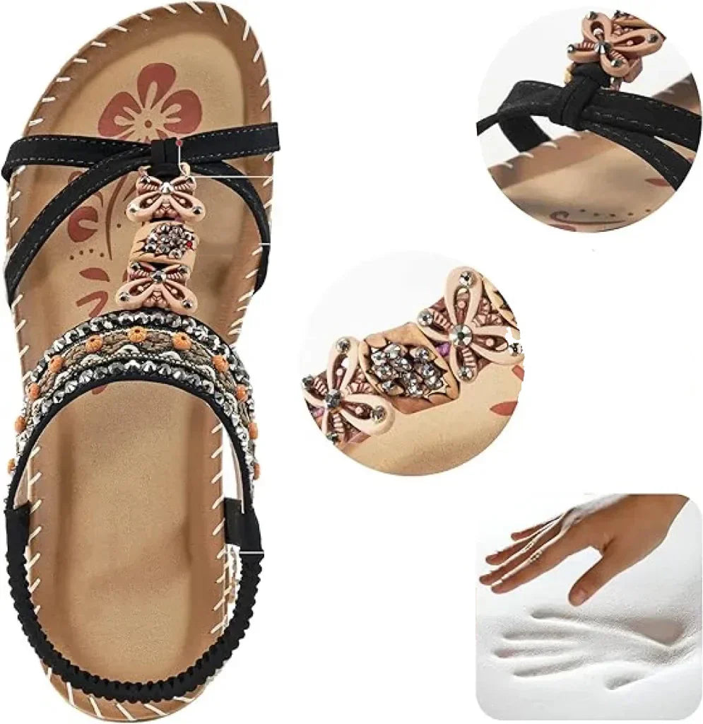 Momount slingback-sandaler dame – petroleumsblå boho med perler, rhinsten og flad sål