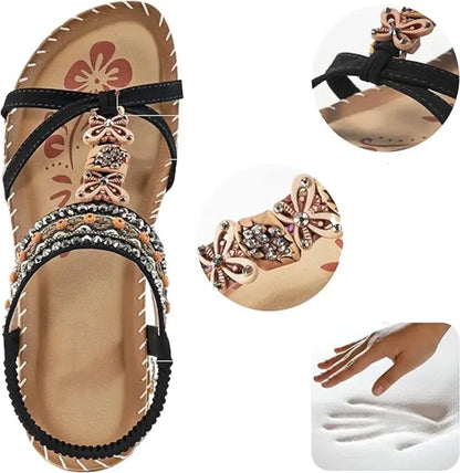 Momount slingback-sandaler dame – petroleumsblå boho med perler, rhinsten og flad sål