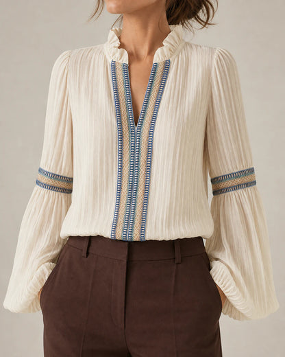 Ivory vintage blouse, gathered neckline and embroidered placket detail.