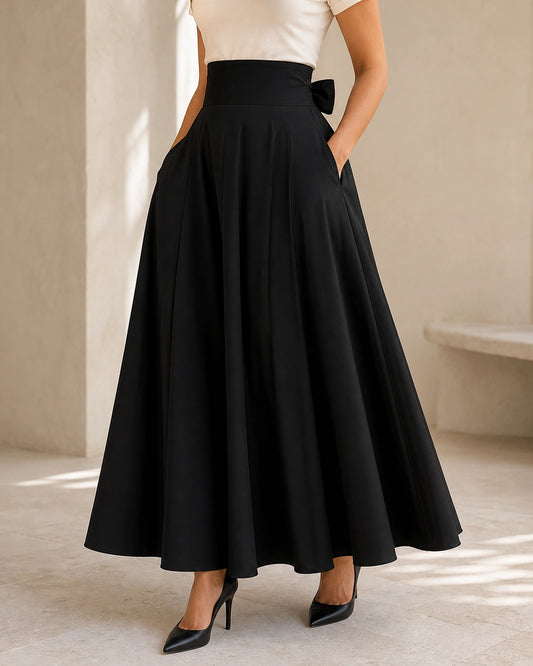 Hoch sitzender Damen-Midirock mit Schleife und Taschen — image 1