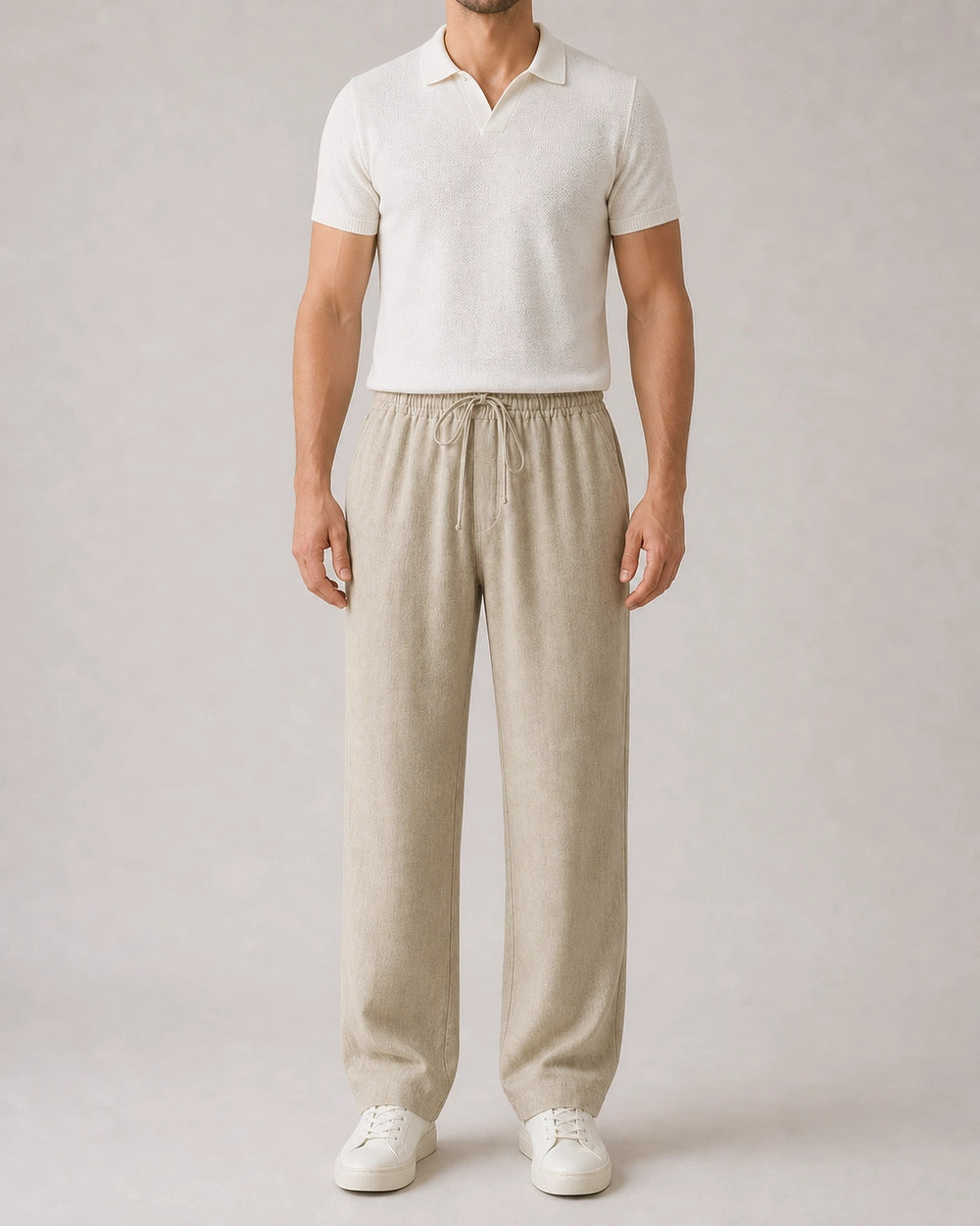 Men’s beige linen wide-leg pants, straight front fit view.