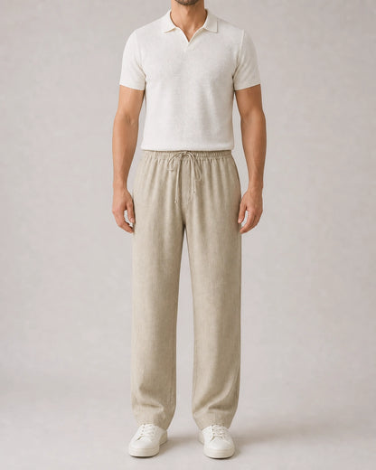Men’s beige linen wide-leg pants, straight front fit view.