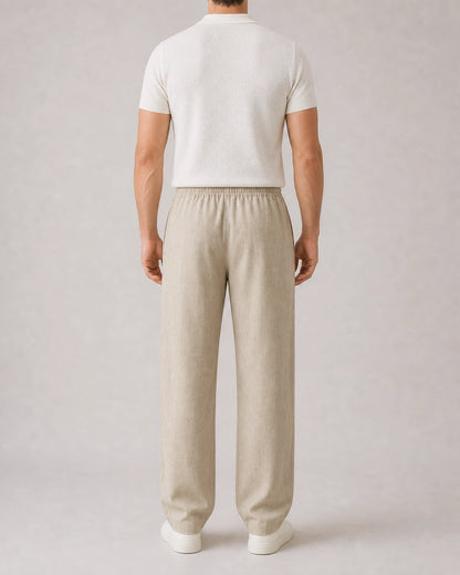 Men’s beige linen wide-leg pants, true rear fit view.