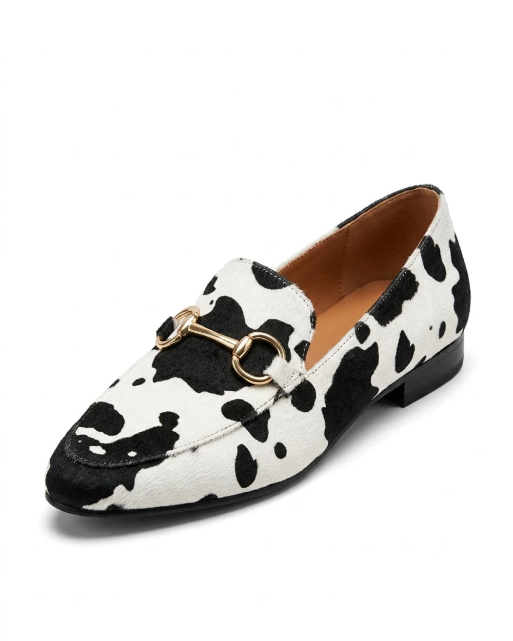 Octavia | Western Cow Print Buckle Flat Loafers — loafers-for-women-animal-print-slip-on-black-white-02-reference-view.webp
