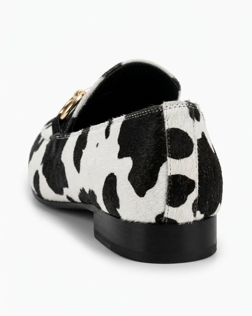 Octavia | Western Cow Print Buckle Flat Loafers — loafers-for-women-animal-print-slip-on-black-white-06-reference-view.webp