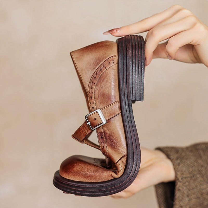 Momount Donna Mary Jane Plateau – Vintage Marrone Stile Oxford