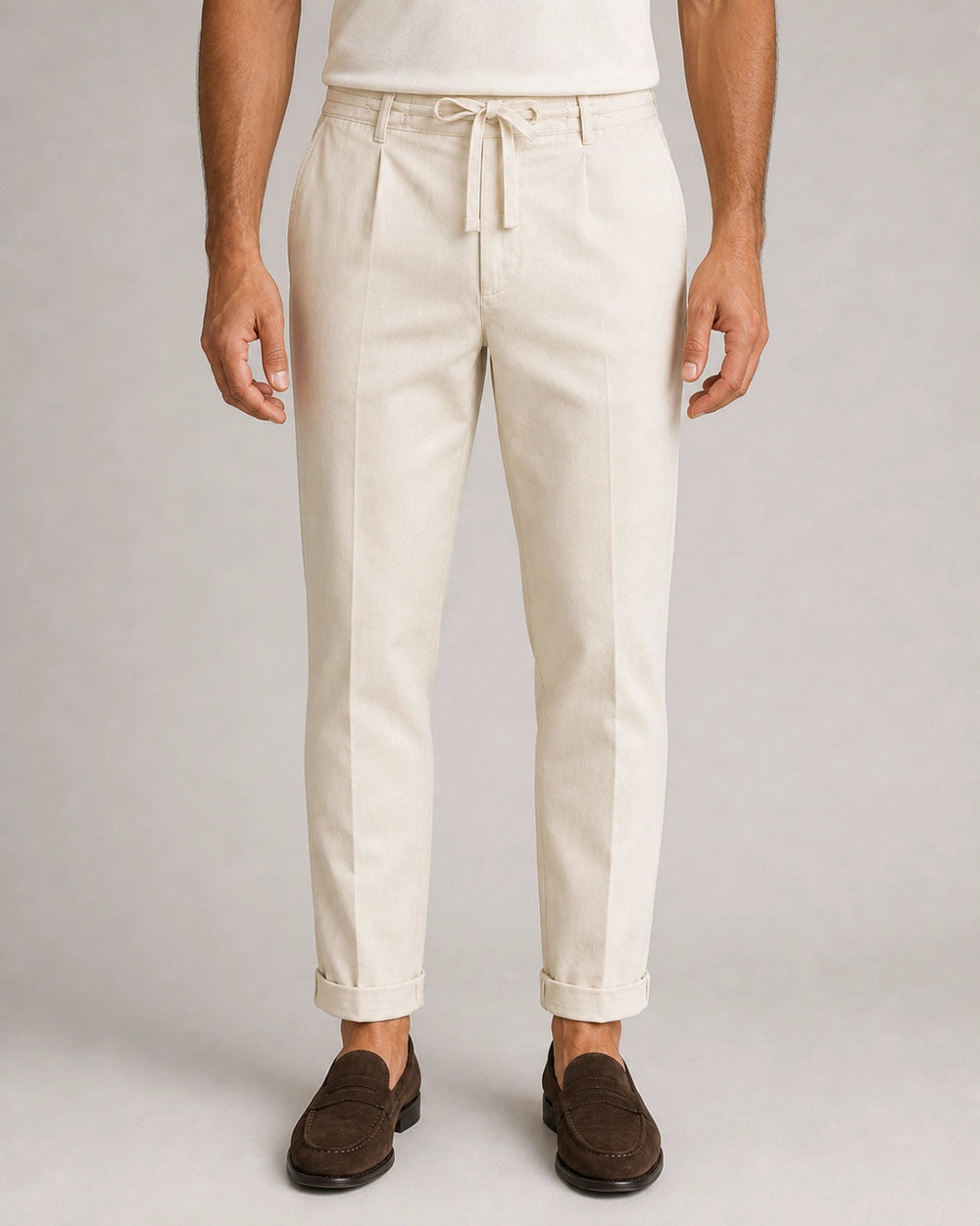 Men's beige elastic-waist summer pants, straight technical front view.