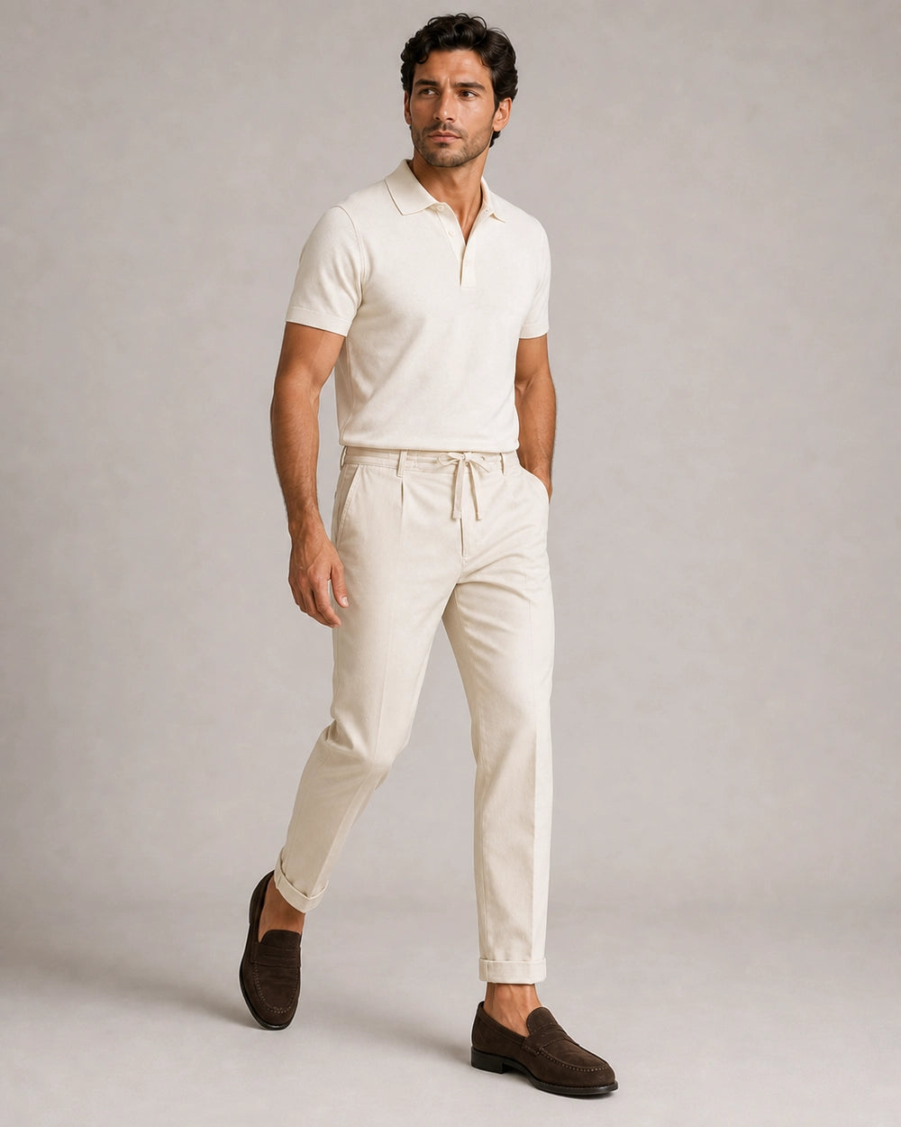 Men's beige relaxed summer pants, natural movement and drape view.