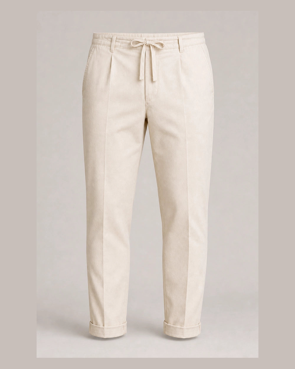 Men's beige elastic-waist summer pants, product-only front view.