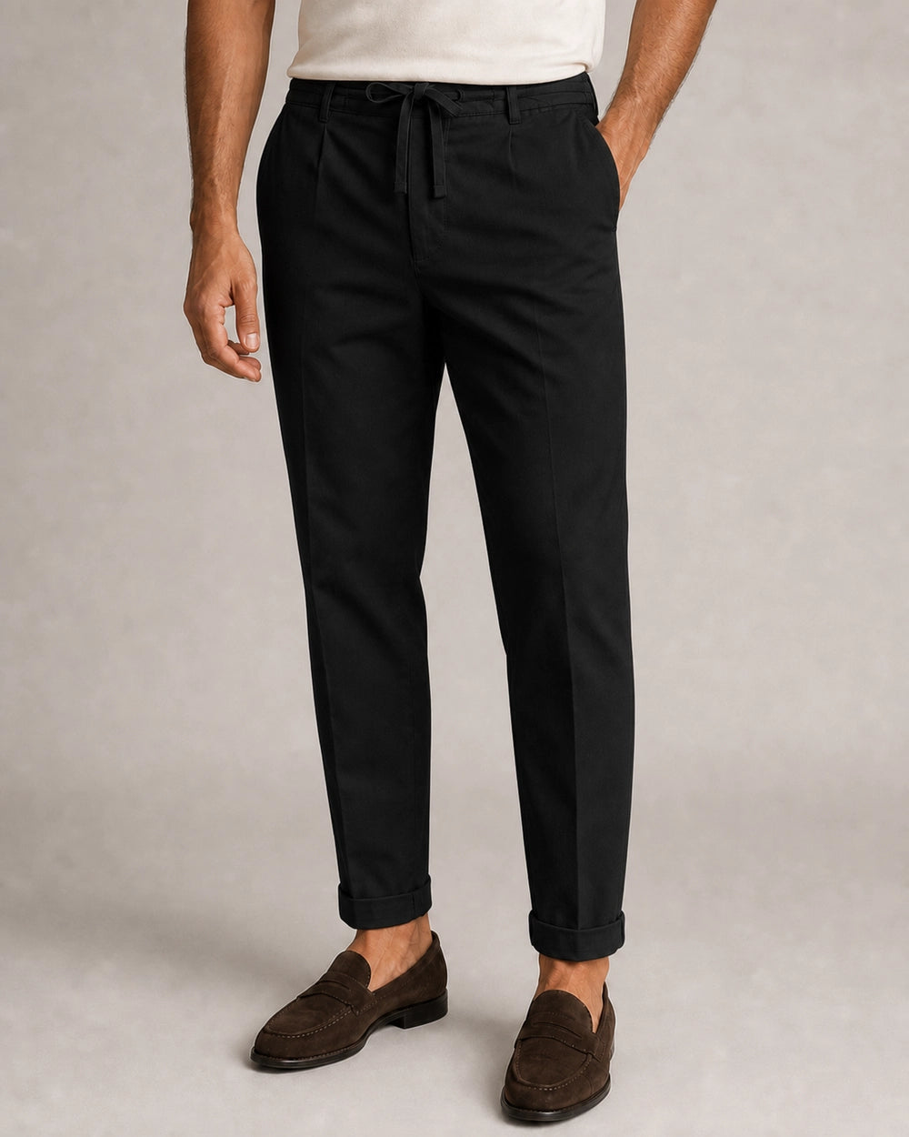 Men's black relaxed elastic-waist summer pants, front variant view.